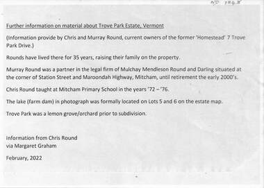 Trove Park Estate history notes by Chris and Murray Round, 2022