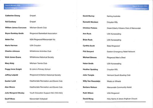 Programme and list of recipients receiving a 2022 Deakin Community Award, seniors pages.