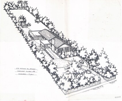 An angled elevated view of a single story house situated on a long block of land. A driveway leading off of the street curves to the left of the house and under a connected carport and double garage, as well as through to the backyard to a stand along garage/shed. 