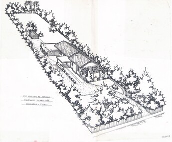 An angled elevated view of a single story house situated on a long block of land. A driveway leading off of the street curves to the left of the house and under a connected carport and double garage, as well as through to the backyard to a stand along garage/shed. 