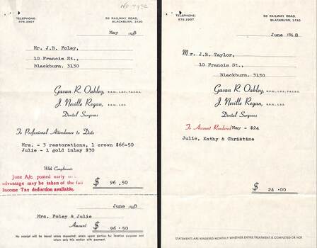 Dental invoices  issued by Gavan R. Oakley and Neville Regan for the Foley family in 1971.