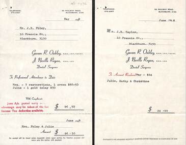 Dental invoices  issued by Gavan R. Oakley and Neville Regan for the Foley family in 1971.