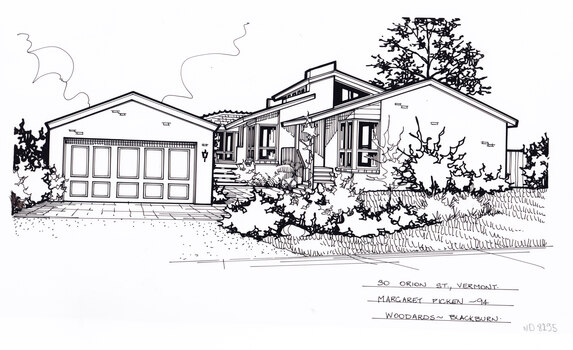 A black and white line drawing of a multi story brick house, set back from a front lawn. on the left is a driveway leading to a separate garage.