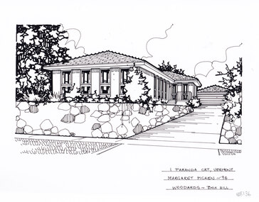 A black and white line drawing of a single story brick house, set back from a front lawn enclosed by a stone retaining wall. To the right is a driveway leading up to a separate garage.