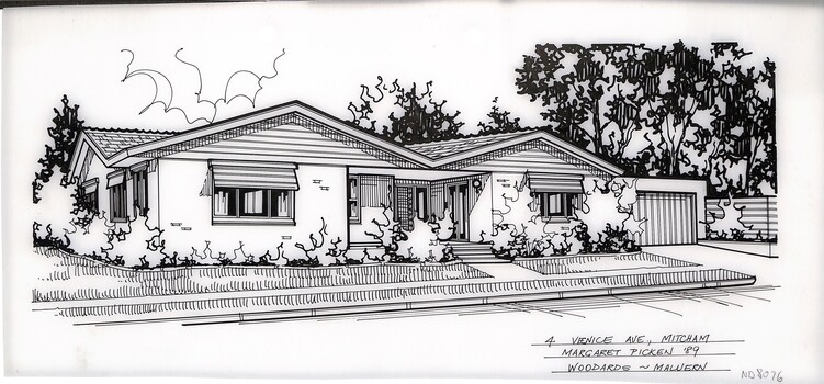 A black and white line drawing of a single story brick house, with a driveway leading toa connected garage on the right. A footpath leads up to an enclosed portico and front door. Garden beds edge the sides of the house, set back from a small front lawn.