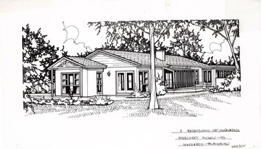 A black and white line drawing of a single story house as seen from a side angle. It features a glass 'lean-too' leading onto a patio. The lawn features a central tree, and garden beds.