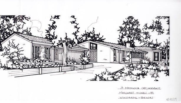 A black and white line drawing a single story house stretching from the left to the right along the center of the drawing. In the foreground a drive curves up to a connected garage. To the left and right are gardens, all the way up to the house. 