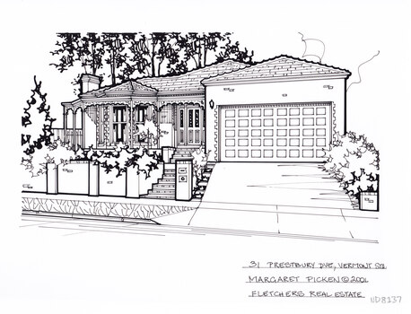 A black and white line drawing of a single story brick mock federation style house. There is a driveway on the right hand side leading up from the footpath toward a connected garage. from the left hand side is a brick fence with built in mailbox, enclosing a front garden and a set of steps leading to the front door.