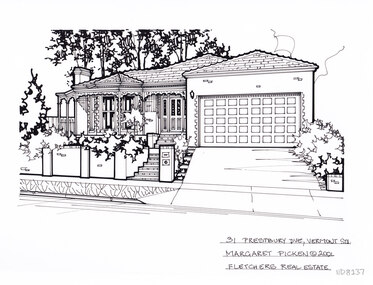 A black and white line drawing of a single story brick mock federation style house. There is a driveway on the right hand side leading up from the footpath toward a connected garage. from the left hand side is a brick fence with built in mailbox, enclosing a front garden and a set of steps leading to the front door.