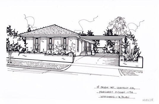 A black and white line drawing of a single story brick house with attach carport on the right. A low staggered brick fence separates the front yard from the street, opening up for a driveway that leads to the carport.