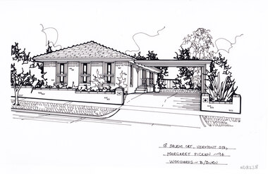 A black and white line drawing of a single story brick house with attach carport on the right. A low staggered brick fence separates the front yard from the street, opening up for a driveway that leads to the carport.