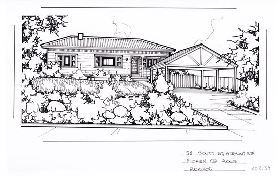 A black and white line drawing of a single-story weatherboard, set back from a front yard with garden beds in the foreground. To the lower right is a driveway leading up to a separate carport. 