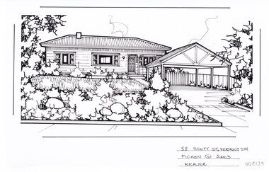 A black and white line drawing of a single-story weatherboard, set back from a front yard with garden beds in the foreground. To the lower right is a driveway leading up to a separate carport. 
