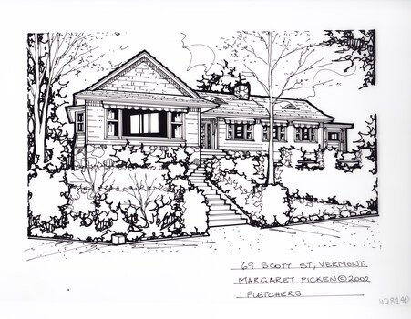 A black and white line drawing of a single story weatherboard house atop a stone subfloor facade, and set back from a sloped front garden. In the middle of the image are steps trailing up to the front door.