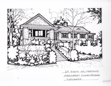 A black and white line drawing of a single story weatherboard house atop a stone subfloor facade, and set back from a sloped front garden. In the middle of the image are steps trailing up to the front door.