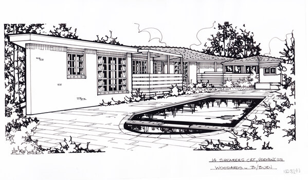 A black and white line drawing of a single story, L shape, brick house viewed from the tiled backyard with sunken pool. 