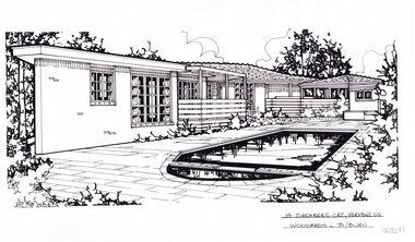 A black and white line drawing of a single story, L shape, brick house viewed from the tiled backyard with sunken pool. 