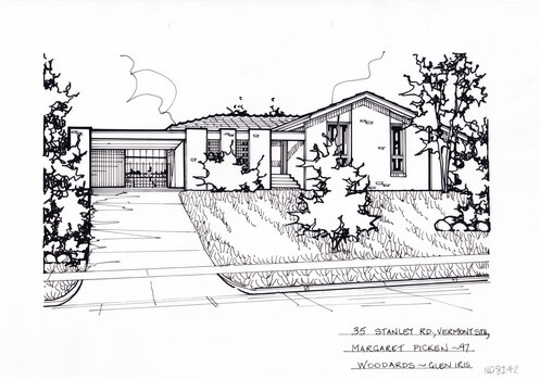 A black and white line drawing of a brick house with connected carport on the left. From the bottom left of the image a driveway leads up a sloped front yard to this carport. On the right is a front lawn, with greenery.