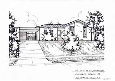 A black and white line drawing of a brick house with connected carport on the left. From the bottom left of the image a driveway leads up a sloped front yard to this carport. On the right is a front lawn, with greenery.