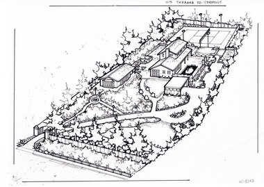 A black and white line drawing of a birds eye view of a property shown on the diagonal. In the bottom left corner a gated driveway winds toward the upper right, through landscaped gardens. Leading up to a separate multi car garage. There is a sperate annex left of the garage, and the main two story house further back. At the every end of the property is a tennis court.