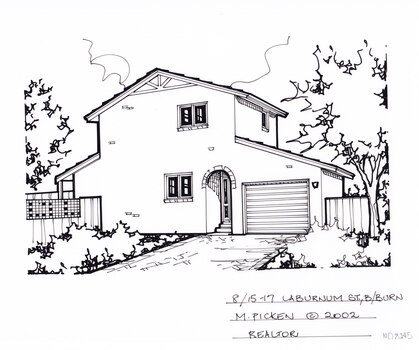 A black and white line drawing of a two story brick house with connected garage on the right. A driveway leads up from the foreground to the garage and front steps. On either side of the drive, are garden beds.
