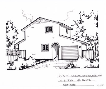 A black and white line drawing of a two story brick house with connected garage on the right. A driveway leads up from the foreground to the garage and front steps. On either side of the drive, are garden beds.