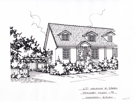A black and white line drawing of a single story brick house muntin windows, there are three dormer windows. At front of the house is a concrete staircase leading to the portico front door. To the left is a driveway leading to a separate carport.