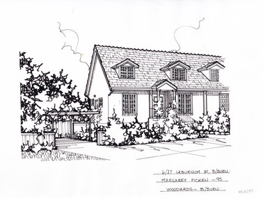 A black and white line drawing of a single story brick house muntin windows, there are three dormer windows. At front of the house is a concrete staircase leading to the portico front door. To the left is a driveway leading to a separate carport.