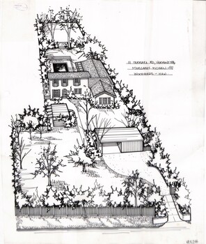 A black and white line drawing of a two story brick T shaped house from a street angled birds eye view. On the right is a driveway leading to a separate garage in the background. In the foreground on the left is a picket fence, enclosing a front lawn with a number of trees. There is a pool in the back yard.