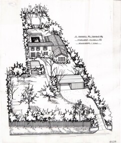A black and white line drawing of a two story brick T shaped house from a street angled birds eye view. On the right is a driveway leading to a separate garage in the background. In the foreground on the left is a picket fence, enclosing a front lawn with a number of trees. There is a pool in the back yard.