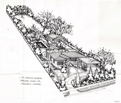 A black and white line drawing of a single story brick house from a left angled street birds eye view. On the left is a driveway curving to a separate carport on the right in front of the house, leading to a second larger carport in the backyard. Pointed hedges fence in the front garden, which features ornamental trees and a small pond. The fenced backyard has a pool on the left and beyond that is a large space of open lawn and trees.