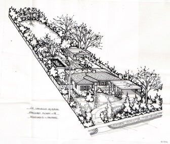 A black and white line drawing of a single story brick house from a left angled street birds eye view. On the left is a driveway curving to a separate carport on the right in front of the house, leading to a second larger carport in the backyard. Pointed hedges fence in the front garden, which features ornamental trees and a small pond. The fenced backyard has a pool on the left and beyond that is a large space of open lawn and trees.