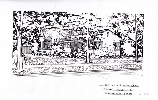 A black and white line drawing of a single story brick house. On the right is a driveway curving across the front yard to a separate garage on the left in the background. In the foreground in a front lawn, and garden bed edge the house.