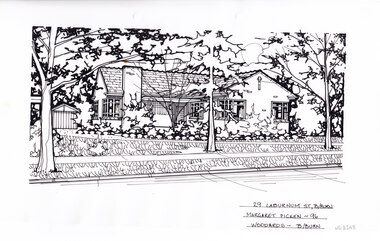 A black and white line drawing of a single story brick house. On the right is a driveway curving across the front yard to a separate garage on the left in the background. In the foreground in a front lawn, and garden bed edge the house.