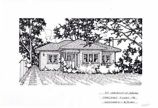 A black and white line drawing of a single story weatherboard house. With an enclosed porch and stained glass sash windows. On the left is a driveway leading next to the house. In the foreground is the front lawn.