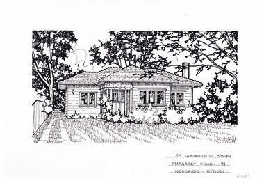 A black and white line drawing of a single story weatherboard house. With an enclosed porch and stained glass sash windows. On the left is a driveway leading next to the house. In the foreground is the front lawn.