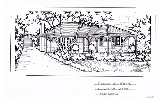 A black and white line drawing of a single story weatherboard house. NAME OF PORCH! On the left is a driveway leading to a garage in the background. In the foreground is a front lawn encircled by garden beds and a ornamental tree by the house and driveway.