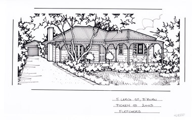 A black and white line drawing of a single story weatherboard house. NAME OF PORCH! On the left is a driveway leading to a garage in the background. In the foreground is a front lawn encircled by garden beds and a ornamental tree by the house and driveway.