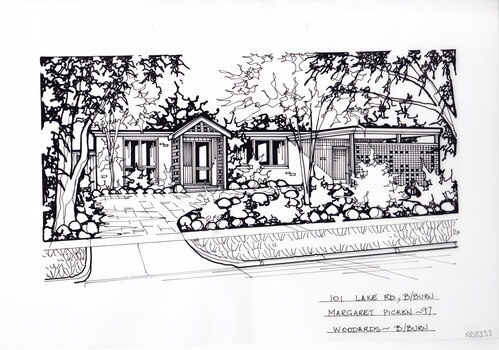 A black and white line drawing of a single story brick house with a small arched portico over the front door. On the left is a driveway curving to the right toward a connected carport. In the foreground are garden beds with rounded rocks amongst shrubs and trees.