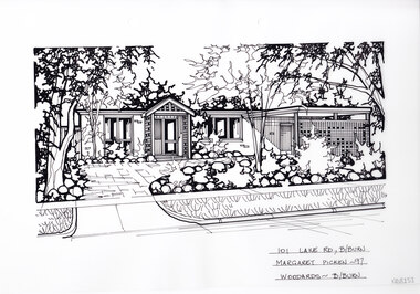 A black and white line drawing of a single story brick house with a small arched portico over the front door. On the left is a driveway curving to the right toward a connected carport. In the foreground are garden beds with rounded rocks amongst shrubs and trees.