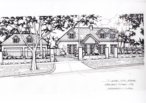A black and white line drawing of a single story brick house, with three dormer windows, and portico over the front door. In the center is a driveway leading to a separate double garage with dormer windows. To the right is a wooden fence and gate connecting to the house. In the foreground is a wrought iron and brick post fence enclosing the front yard which features a path to the front door, a greenery and a tree to the right.