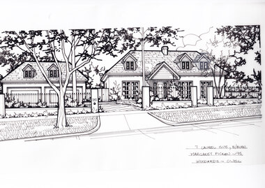A black and white line drawing of a single story brick house, with three dormer windows, and portico over the front door. In the center is a driveway leading to a separate double garage with dormer windows. To the right is a wooden fence and gate connecting to the house. In the foreground is a wrought iron and brick post fence enclosing the front yard which features a path to the front door, a greenery and a tree to the right.