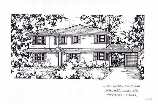 A black and white line drawing of a double story brick house. On the right is a leading to a carport, steaming of of this is a path toward the font door. At this corner is a light post. In the foreground is a front lawn with surrounding greenery.