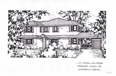 A black and white line drawing of a double story brick house. On the right is a leading to a carport, steaming of of this is a path toward the font door. At this corner is a light post. In the foreground is a front lawn with surrounding greenery.