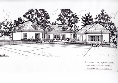 Artwork, other - Ink Line Drawing, Margaret Picken, 7 Laurel Gve., B/Burn (rear), 1995