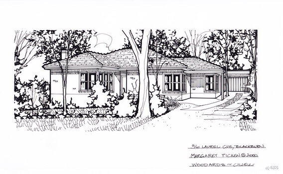 A black and white line drawing of a single story brick house. On the right is a driveway leading to a separate garage in the backyard in the background. In the foreground in a front lawn with ta few trees including a large gum tree near the driveway, with surrounding.