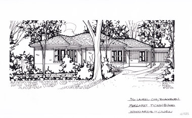 A black and white line drawing of a single story brick house. On the right is a driveway leading to a separate garage in the backyard in the background. In the foreground in a front lawn with ta few trees including a large gum tree near the driveway, with surrounding.