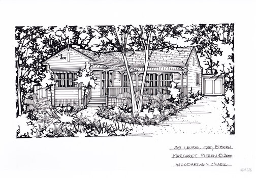 A black and white line drawing of a single story weatherboard house, with a porch covered by a corrugated bullnose verandah. On the right is a driveway leading to a separate garage behind the house. In the foreground a path branches off of the driveway and around toward the porch steps. To the left is lush garden and ferns, on the other side of the path are more ferns and a large gumtree. in the background is more greenery.
