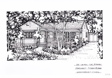 A black and white line drawing of a single story weatherboard house, with a porch covered by a corrugated bullnose verandah. On the right is a driveway leading to a separate garage behind the house. In the foreground a path branches off of the driveway and around toward the porch steps. To the left is lush garden and ferns, on the other side of the path are more ferns and a large gumtree. in the background is more greenery.
