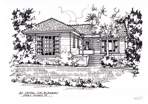 A black and white line drawing of a single story weatherboard house. In the foreground is a front lawn with a path running horizontally across the grass, and leading to a set of steps up to the houses porch. To the left of these steps is a garden bed with a ornamental tree and on the porch there is a street lamp.